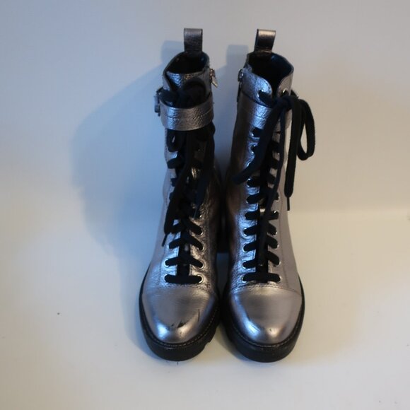 Womens Marc Fisher Waren Silver Leather Lace Up Zip Block Heeled Combat Boots 8 - Picture 2 of 15